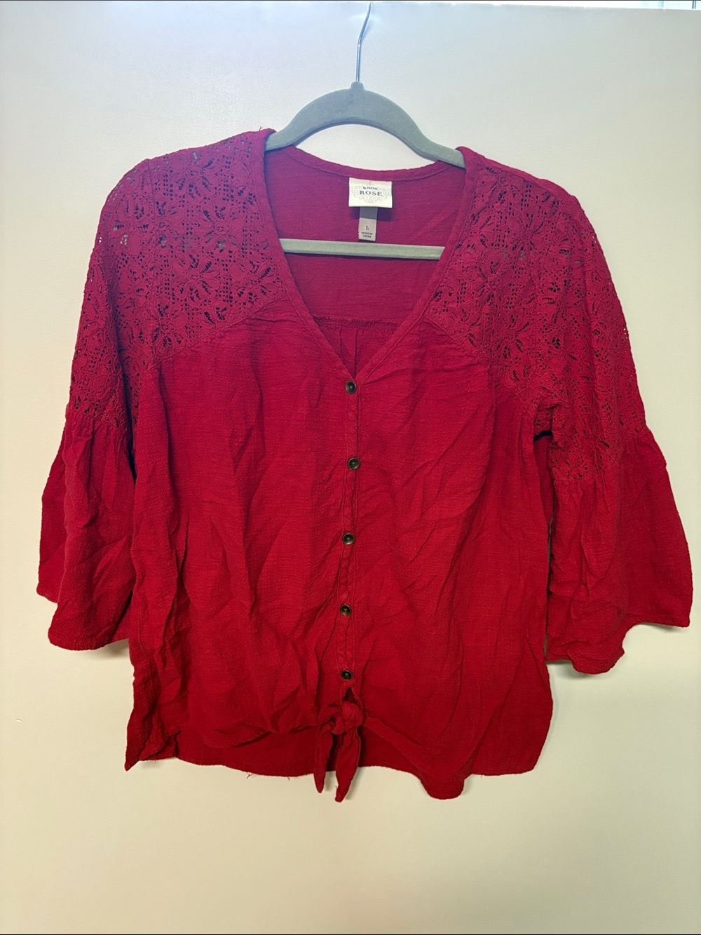Women’s Knox Rose Red Crochet Yoke Button-Front Women's Top, L